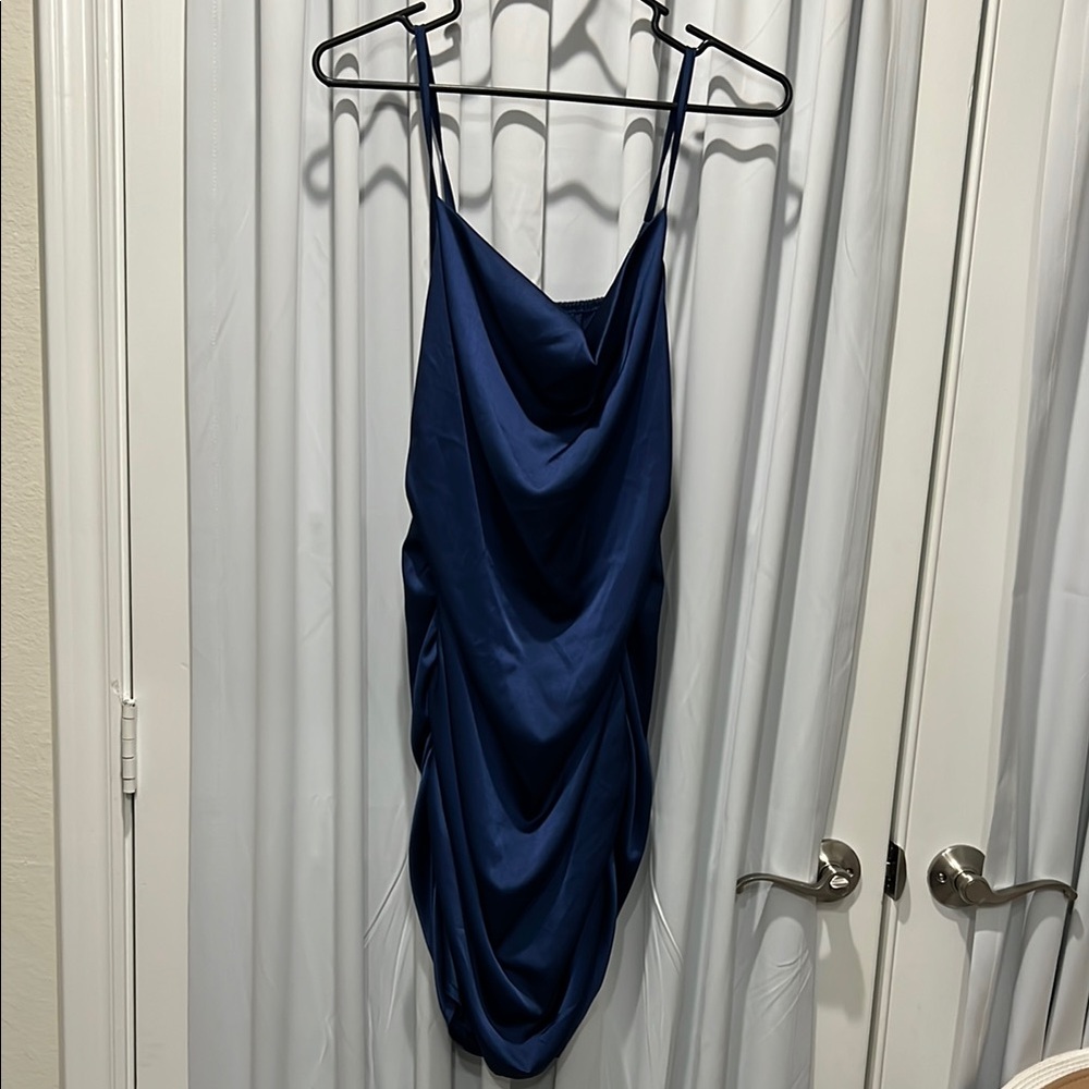ROMWE Blue Ruched Cowl Neck Cocktail Dress
